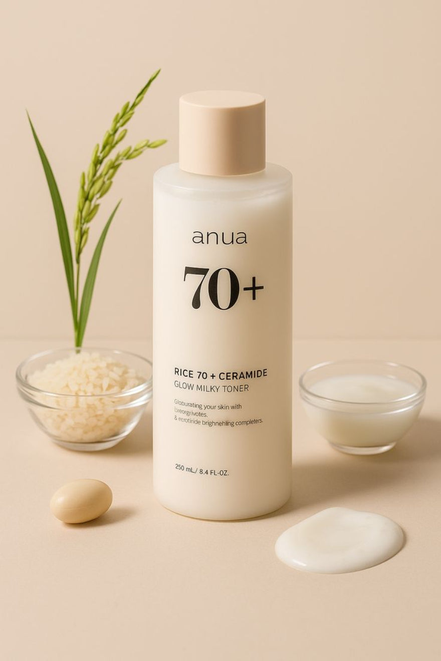 Anua 70+ Rice and Ceramide Glow Milky Toner bottle with ingredients on a beige background