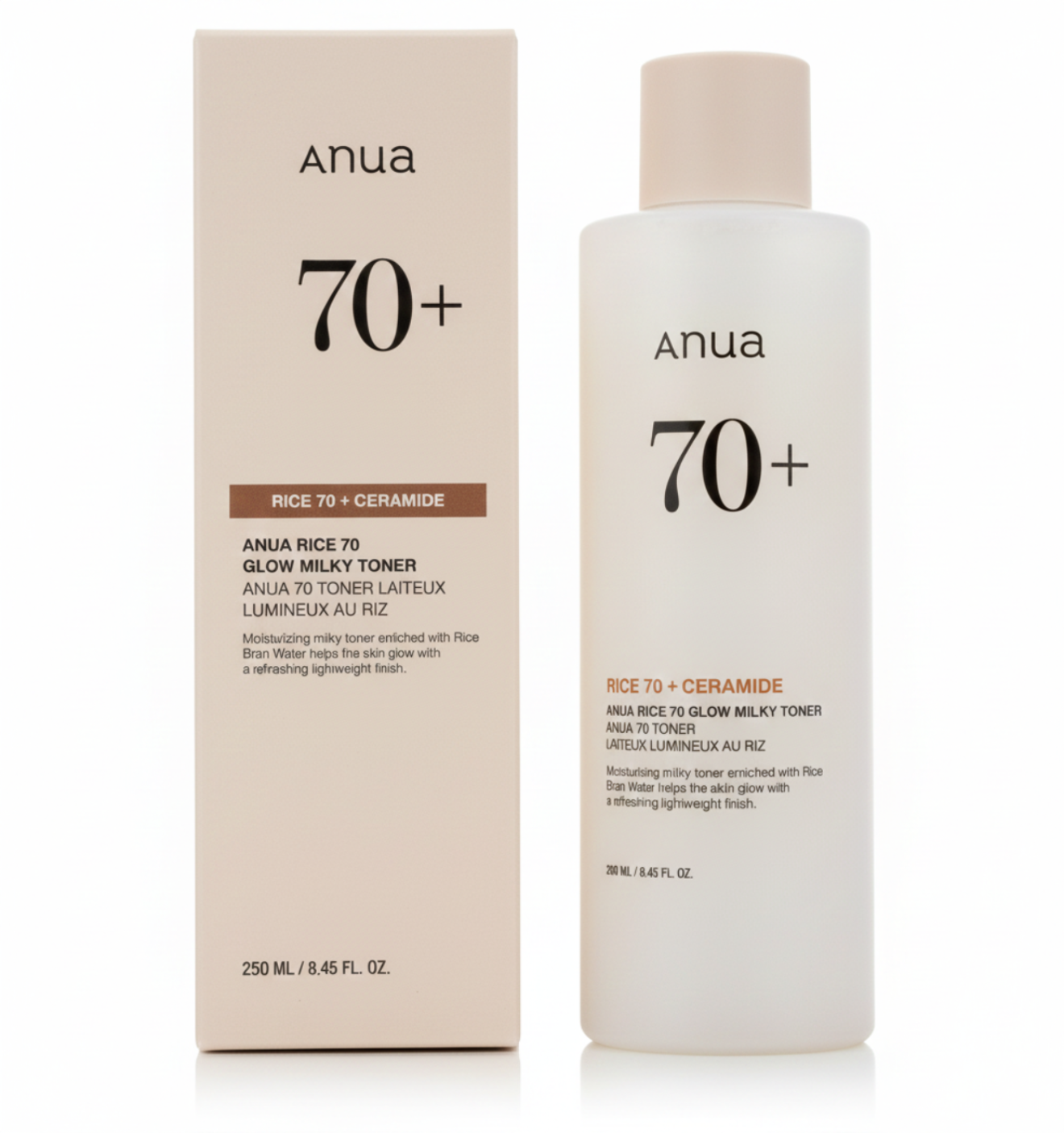 Anua 70+ Rice Glow Milky Toner bottle and packaging on a white background